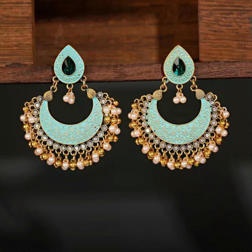 RSAMD Ethnic Retro Green Jhumka Earrings For Women Indian Jewelry Pearl Tassel Earring-Green