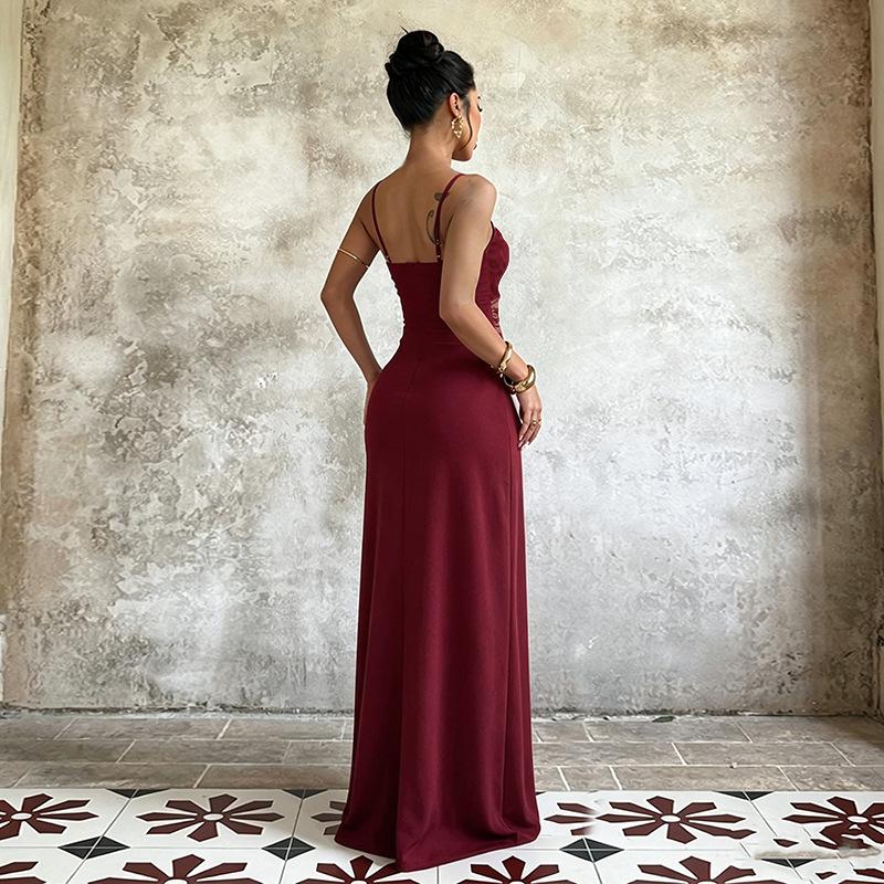 European and American style burgundy lace suspender dress dress, female, waist split fork long evening dress
