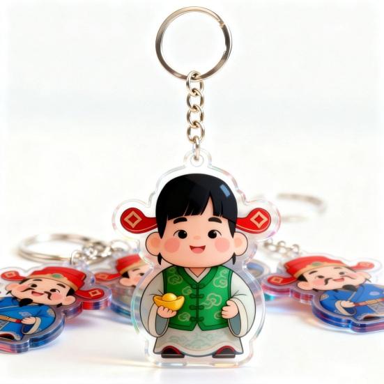 Keychain Pendant God of Wealth Charm Acrylic Double-Sided Clear National Keychain Lucky Yuanbao Decoration