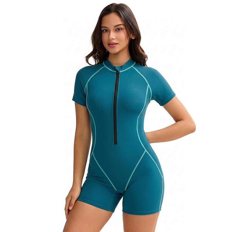 European and American short-sleeved sports swimsuit women's one-piece flat-angle surf suit sun protection zipper swimsuit