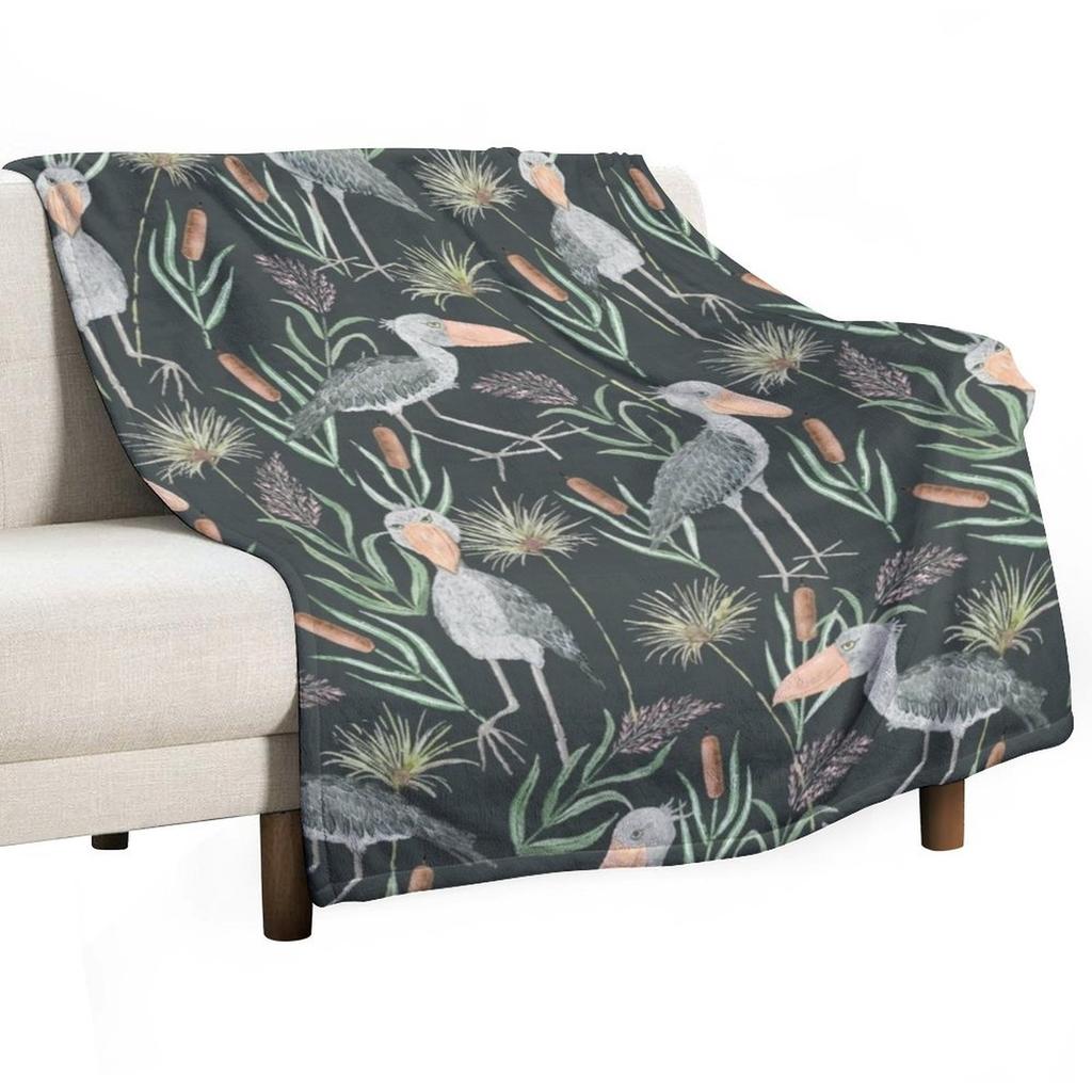 The Magnificent Shoebill | Watercolor Pattern Throw Blanket Thermal Blankets and Throws Flannels Custom Blankets