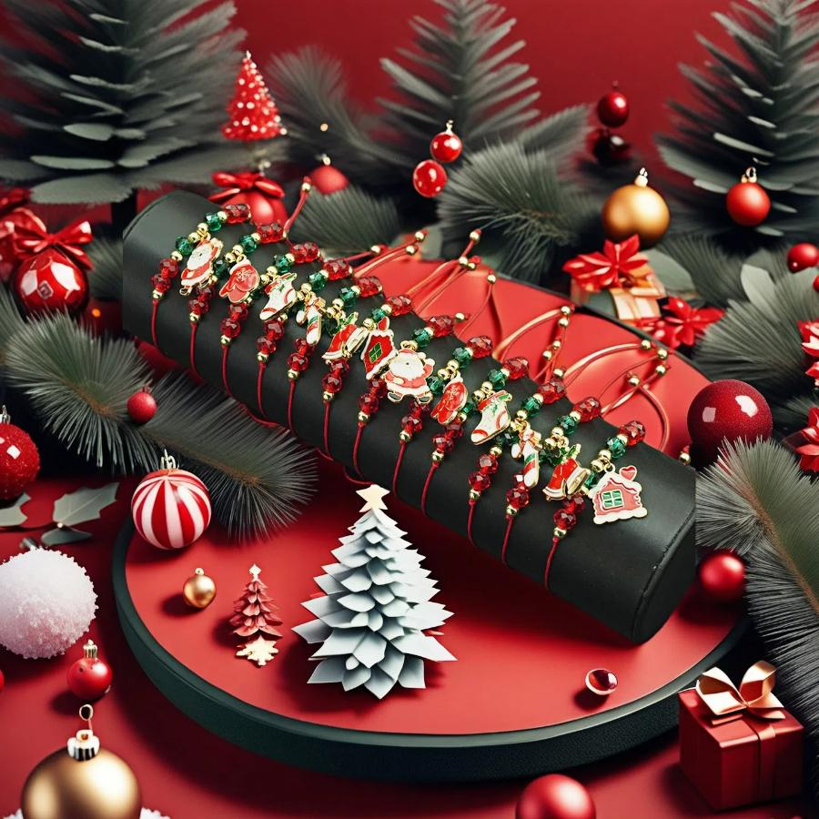 

Noter New 12Pcs/Pack Christmas Bracelet Unisex Handmade Braided Lucky Red String Braslet Adjustable Gloves Socks Bell Pendant