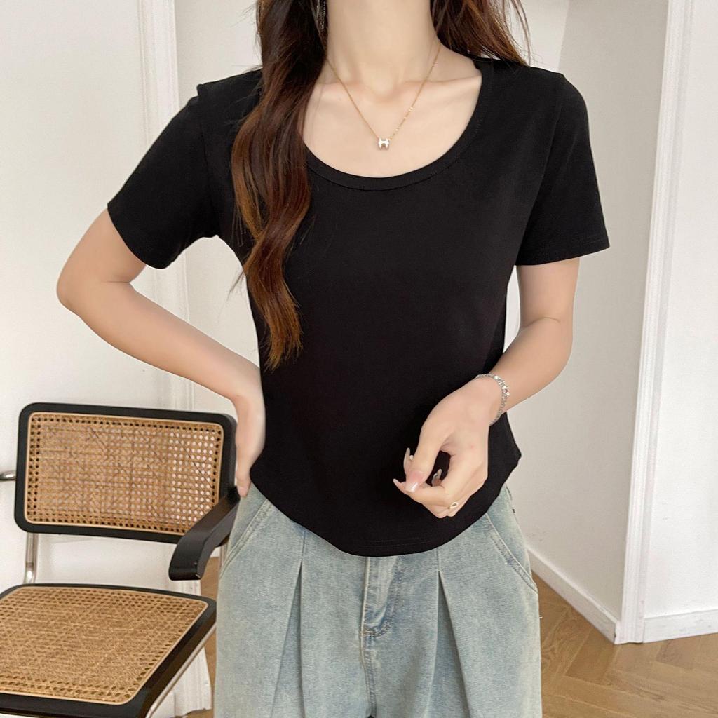 Women's Slim-Fit Pure Cotton U-Neck T-Shirt - Short Sleeve, Versatile Summer Outerwear