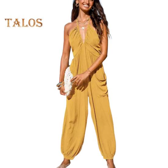 Women's Halter Maxi Jumpsuit Pleated Deep V Neck One Piece Jogger Long Pants with Pockets Casual Beach Sleeveless Rompers