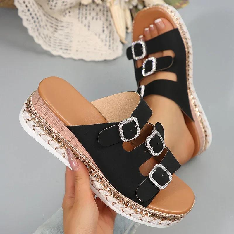 Fashion Fashion Women Shoes Summer White Pu Leather Platform Sandals Women Crystal Buckle Thick Bottom Slippers Women Wedge Heel Sandles