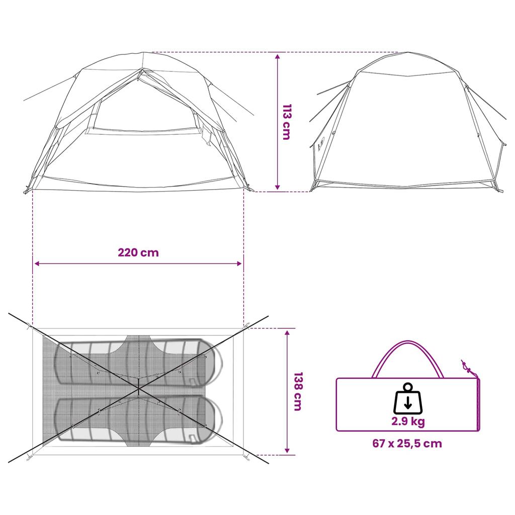 Trekking Tent Blue 2 Person Tent 185T Polyester with PU Coating