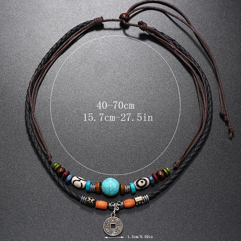 Multi-Layer Vintage Coin Pendant Leather Beaded Weaved Prayer Necklace Fashion Jewelry Gifts