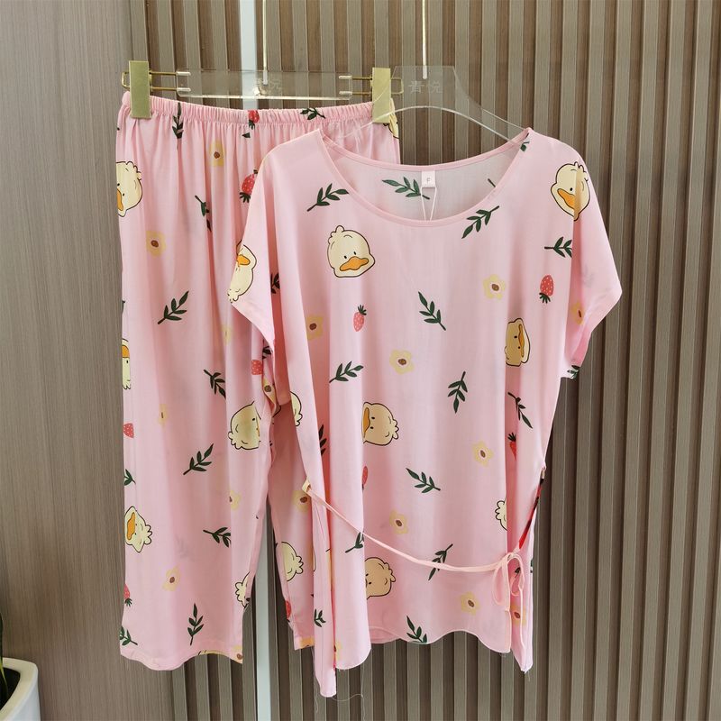 Summer Cotton Silk Pajamas Women's Suit Loose Thin Lace Up Homewear Plus Size Ladies Plus Size Artificial Cotton Short Sleeve Two-piece Set