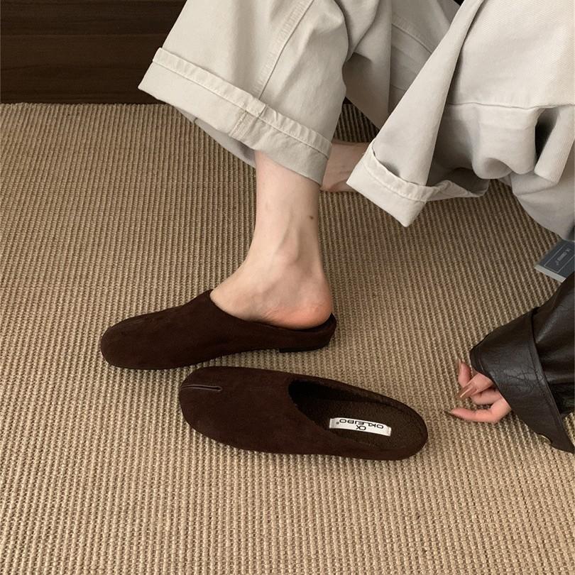 Suede Fake Split Toe Bag Head Half Slippers Women's 2025 Autumn and Winter New Versatile Soft Bottom Lazy One Pedal Velvet Cotton Mop