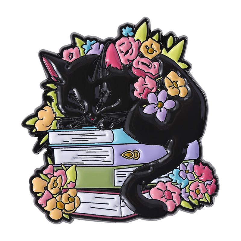 

Sleeping Cat on Books Enamel Pin Cute Black Cat Reading Floral Book Lover Brooch Lapel Backpack Badge Jewelry Gift for Friends