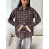 Women Plaid Button Down Shirt Lapel Collar Long Sleeve Lace Cuff Casual Loose Blouse
