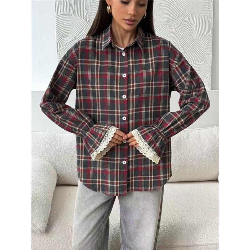 Women Plaid Button Down Shirt Lapel Collar Long Sleeve Lace Cuff Casual Loose Blouse