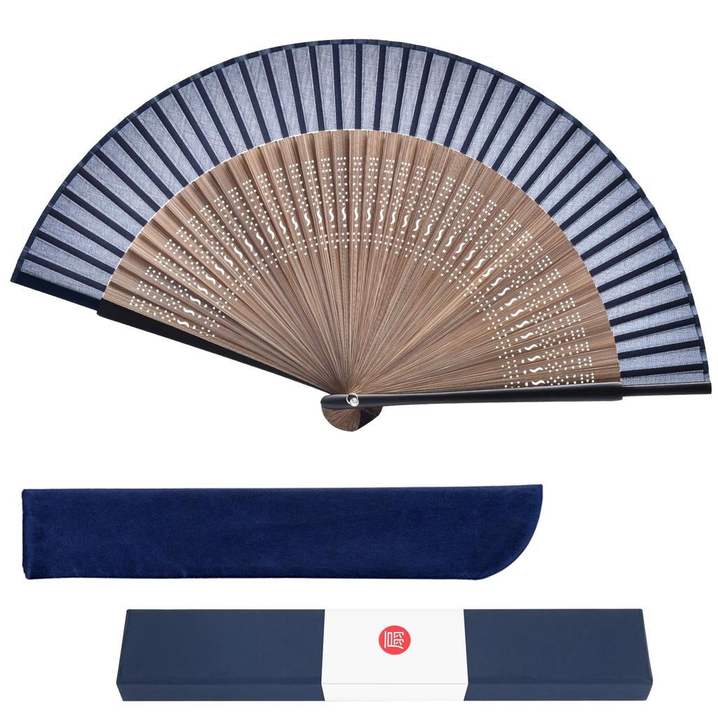 Dockii Folding Made in Gift Box and Bag Folding Bamboo and Dance Summer Kabuki Fireworks Japanese Blue Men's Fan, Durable, Japan, 21cm, Included,