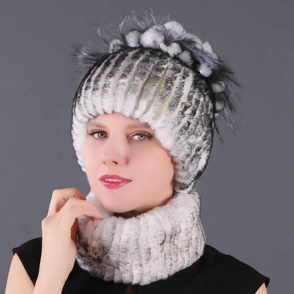 Women's New Rex Rabbit Short Dye Plus Black Fox Hair Hat Scarf Two-piece Set, Winter Warm Woven Fur Hat