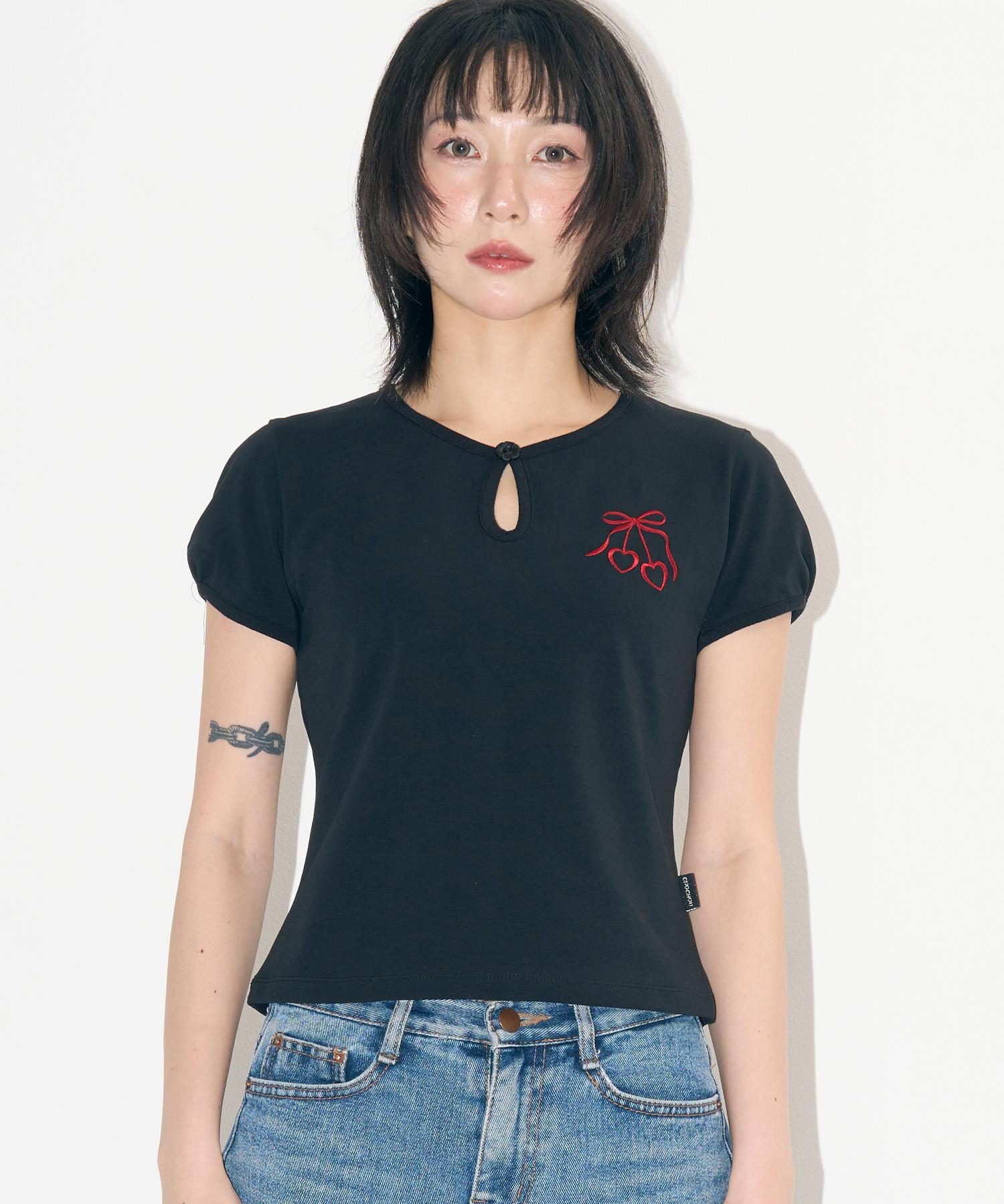 Chosyu Heart Cherry Puff Tee [Black] Black