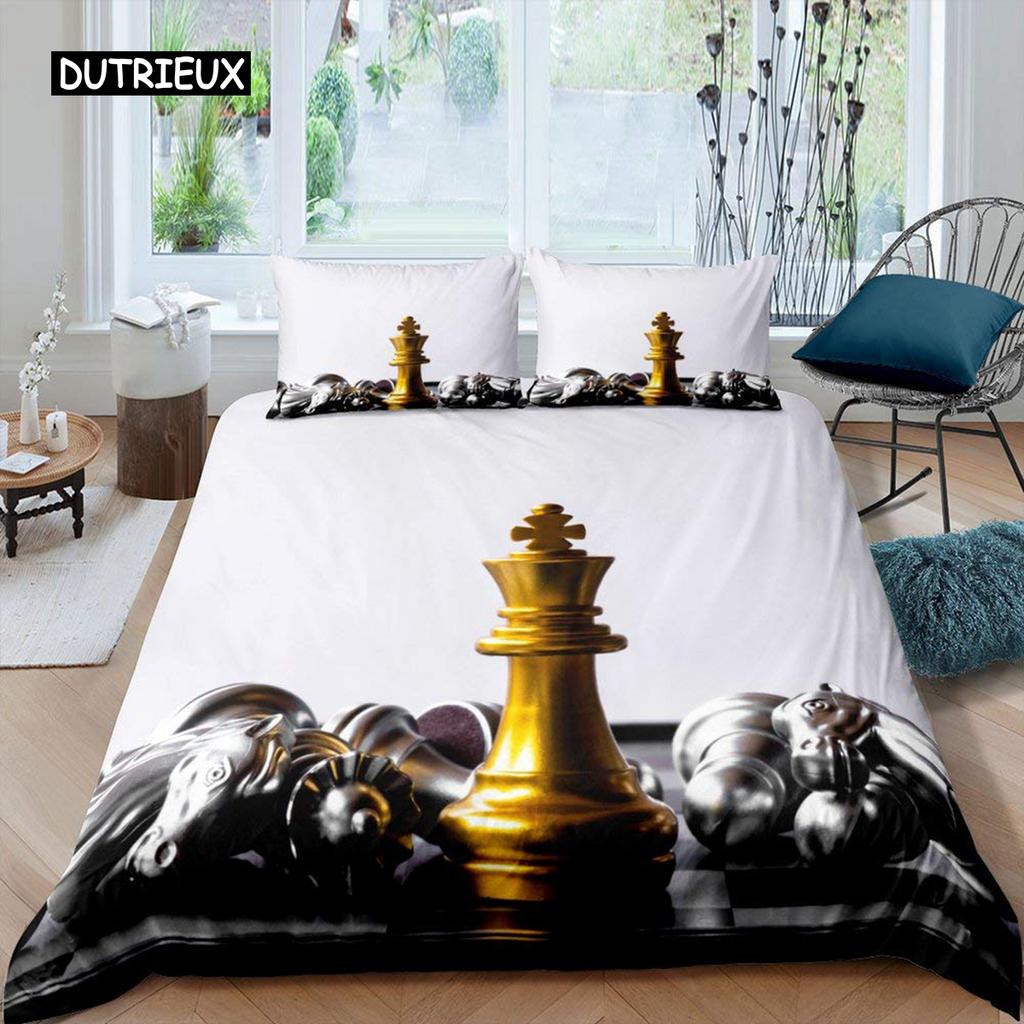 Bettbezug-Set mit internationalem Schachmotiv, Queen-Size-Bettwäscheset für Schachliebhaber, für Kinder und Erwachsene, Mikrofaser, schwarze Basis, 2/3-teiliger Bettbezug