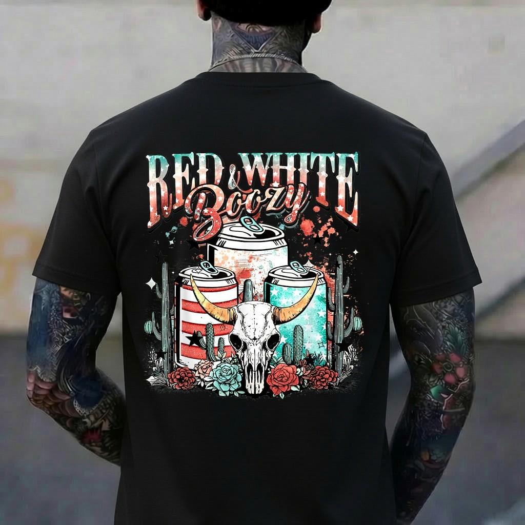 Retro Red White And Boozy Bull Skull Western Funny Drinking T-Shirt S