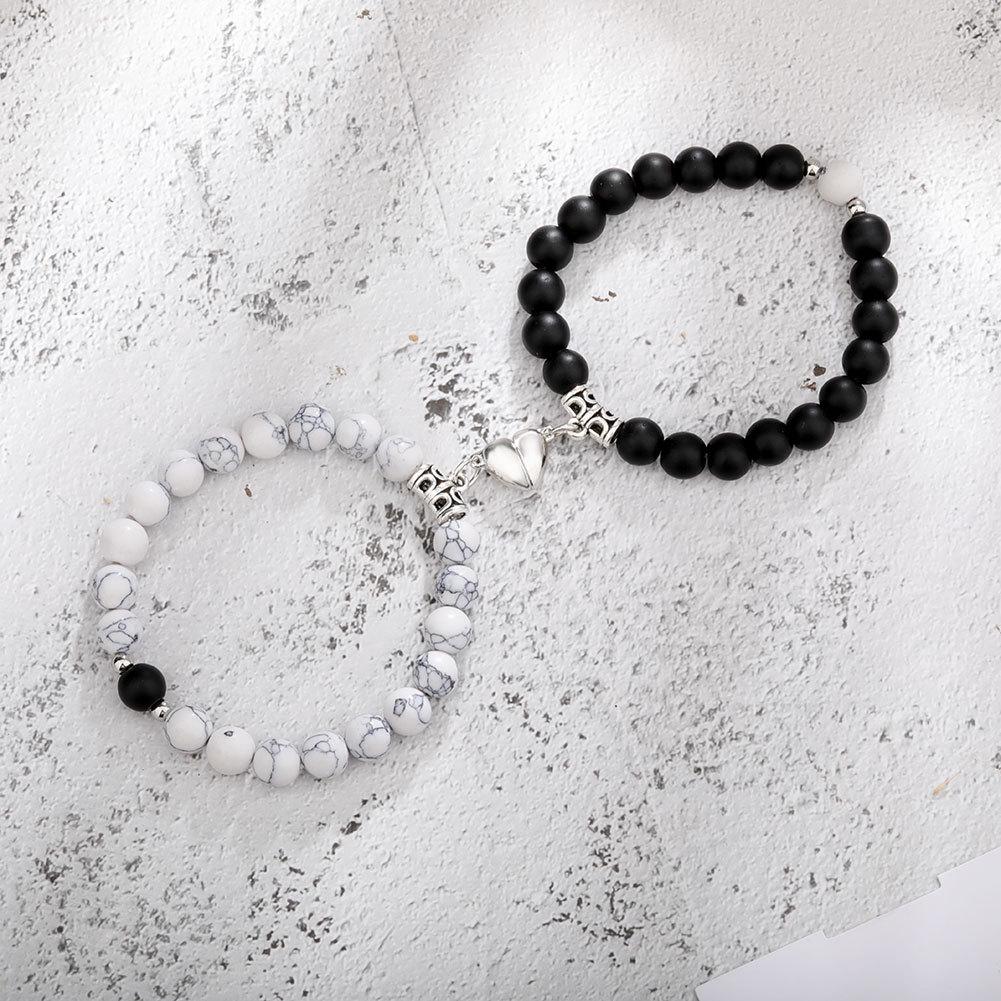 Heart Magnetic Couple Bracelet: Natural Stone, White Pine, and Tiger Eye Beaded Jewelry for Women