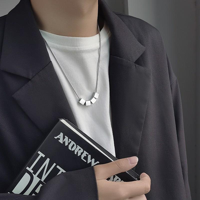 Mens Stainless Steel Snake Chain Necklace with Cube Beads Geometric Minimalist Edgy Jewelry Gift
