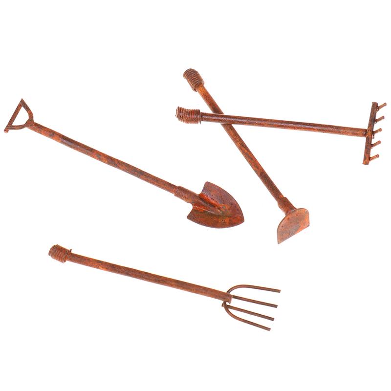 1:12 Dollhouse Miniature Gardening Tools Metal Shovels Pitchfork Furniture Set