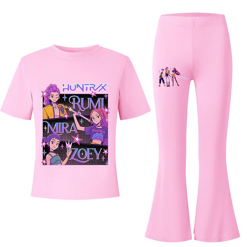 Demon Slayer KPOP Theme Big Kids Summer Short Sleeve T-Shirt + Draped Flared Pants Comfortable Non-Sweaty