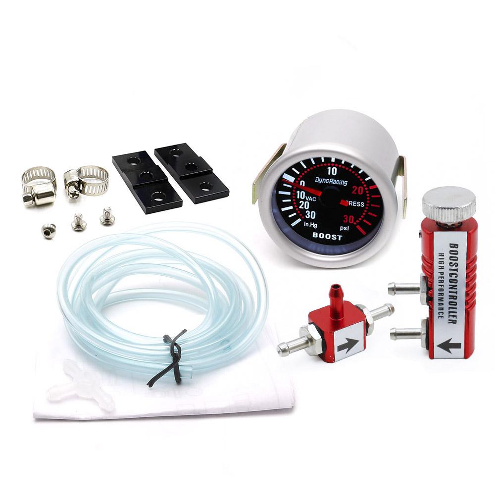 52mm 2 Smoke Lens Turbo Boost Gauge PSI/In.Hg With Adjustable Boost Controller Kit 1-30 PSI In-Cabin Mount with Red Control