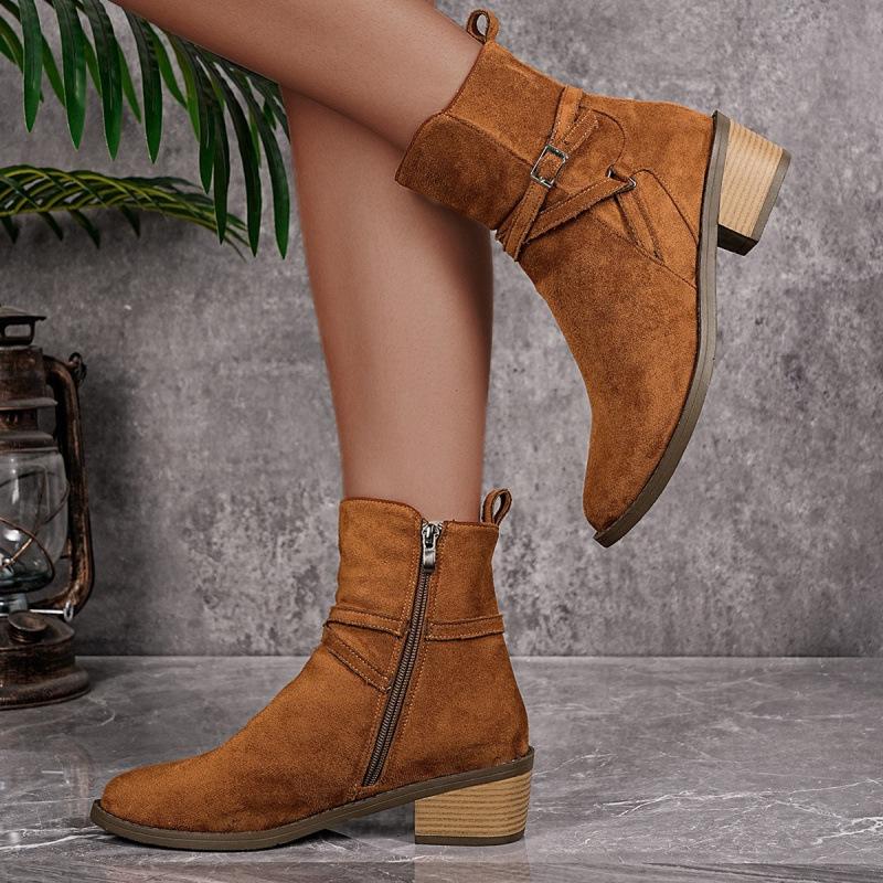 New Large Size British Chelsea Boots, Belt Buckle Tip Round Head Medium Heel Short Boots