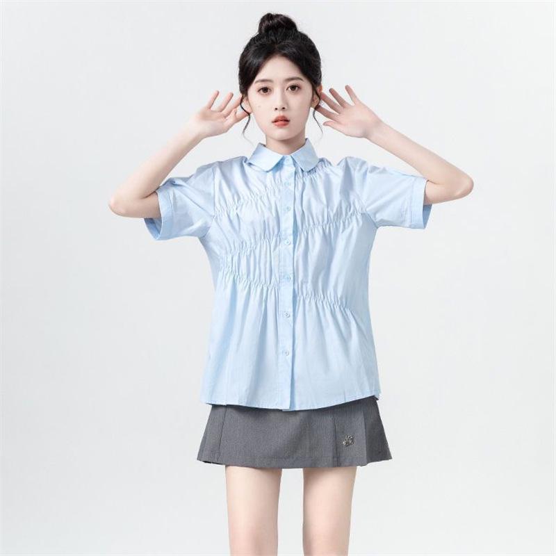 

Женская синяя плиссированная рубашка-поло с коротким рукавом - Модный летний дизайн S