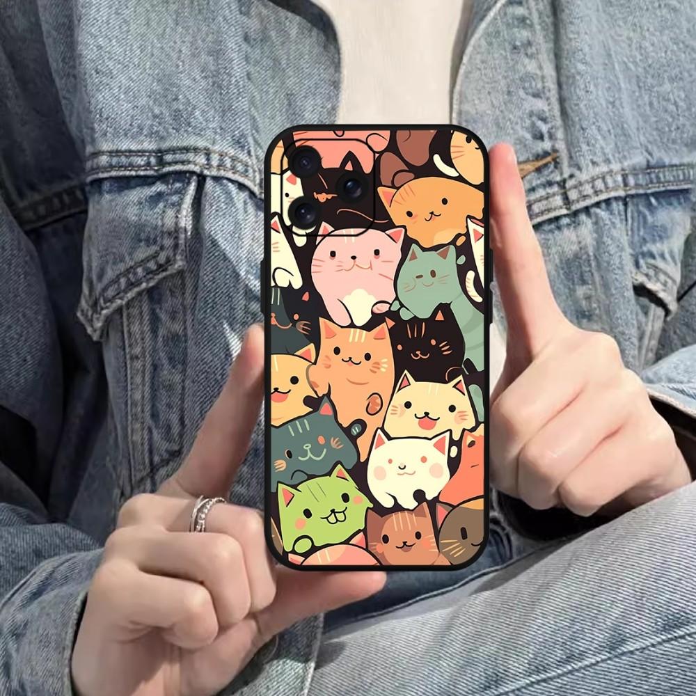 Cute Cat Cartoon Phone Case For iPhone Mini 11 12 13 14 15 Pro XS Max X Plus SE XR Black Soft Shell