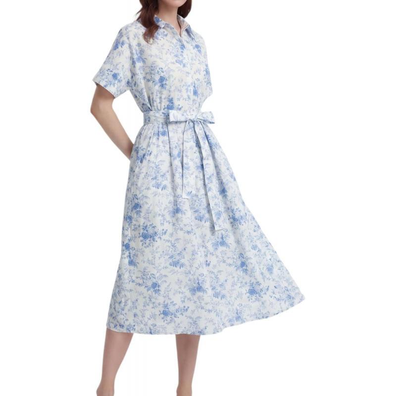 Xiaoxiangfeng 2026 Summer Flower Short Sleeve V-Neck Button Belt Casual Long Dress Women S синий
