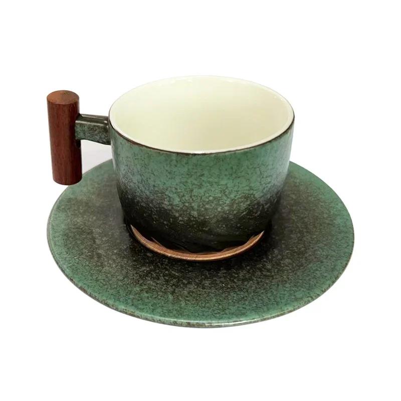 Creative Handmade Vintage Coffee Cup with Saucer Set Exquisite Wooden Handle Ceramic Mugs Light Luxury Breakfast Milk Tea Cups