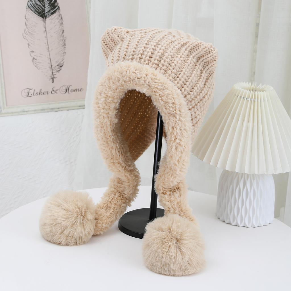 The New Autumn and Winter Cat Ear Double Tail and Two Wool Knitted Cap Is Windproof Ear Protecting  Warm Fashionable  Versatile and Cute Woolen Cap