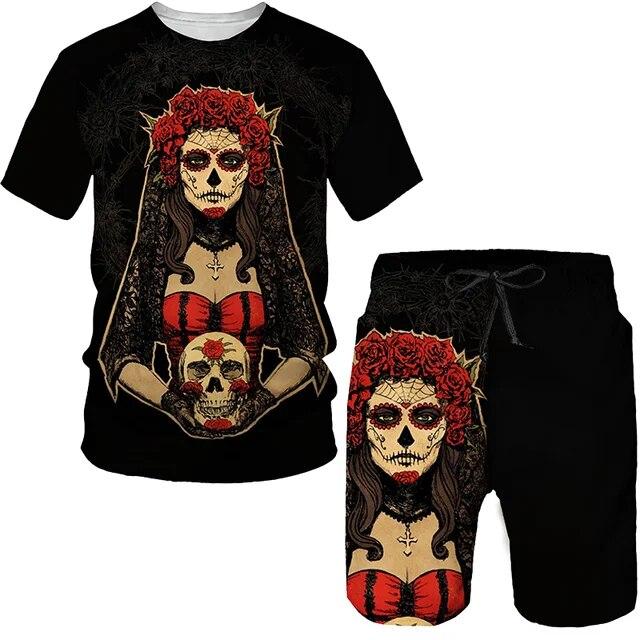 Summer 2 Piece Outfits Sets Tshirt and Shorts Tracksuit Men's Oversized Cloth Streetswear Vintage Skull Gothic 3D Print Men Sets