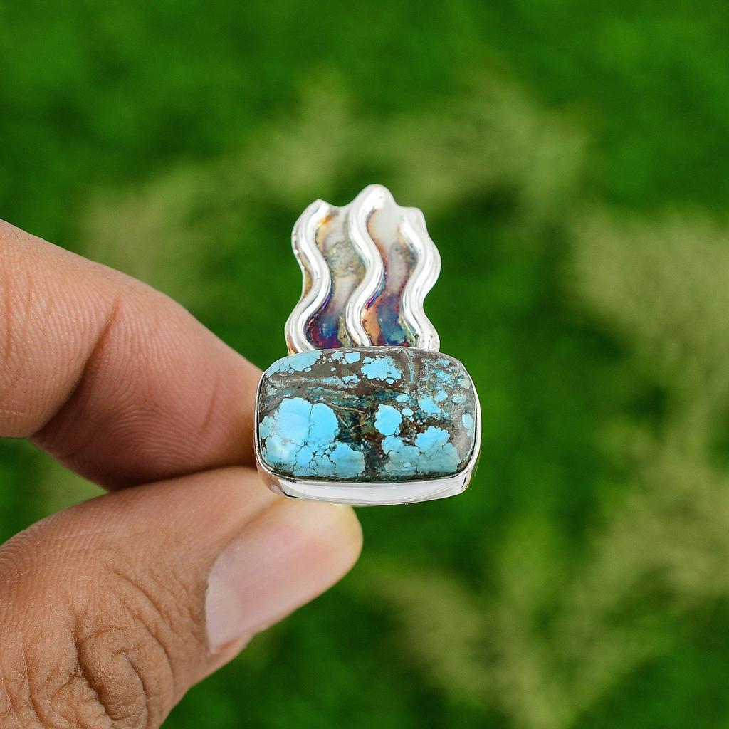 Gift For Her Natural Tibetan Turquoise Statement Ring Size 8 925 Silver