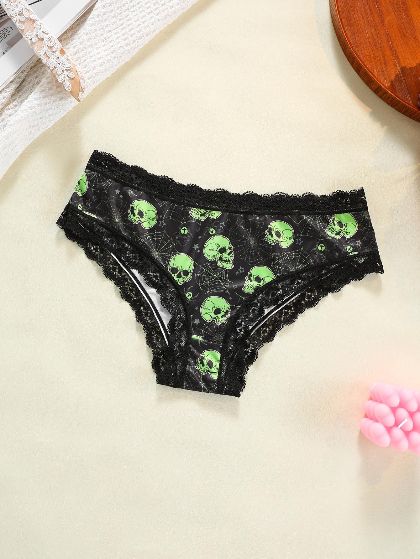 

Girls Skull Print Lace Trim Mid-Waist Thong - Comfortable, Breathable Hip-Hugging Underwear S