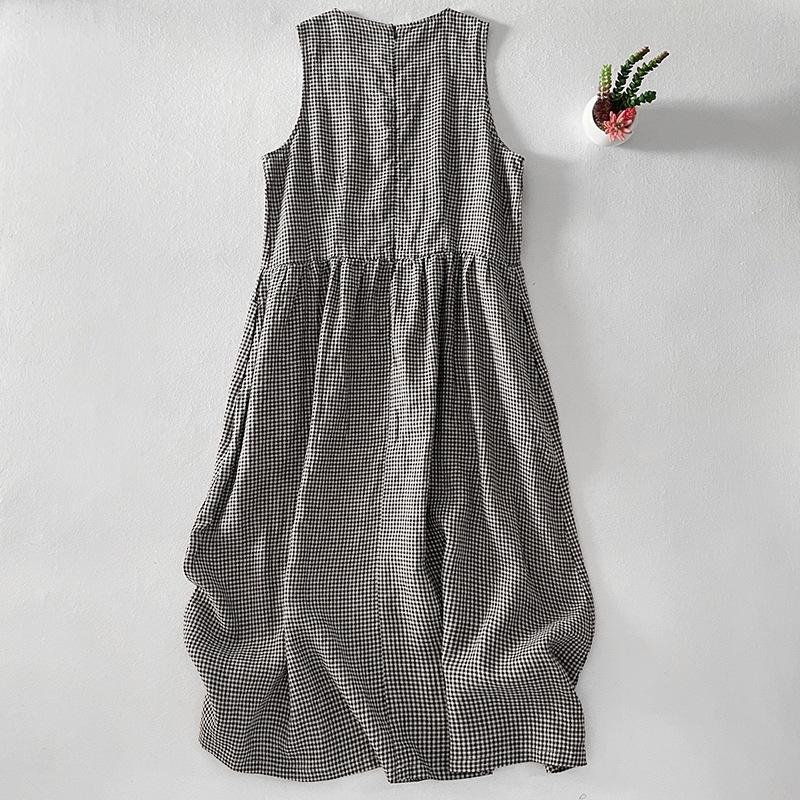2025 Summer New Round Neck Sleeveless Cotton and Linen Large Size Plaid Sleeveless Vest Skirt Women's Loose Casual Dress