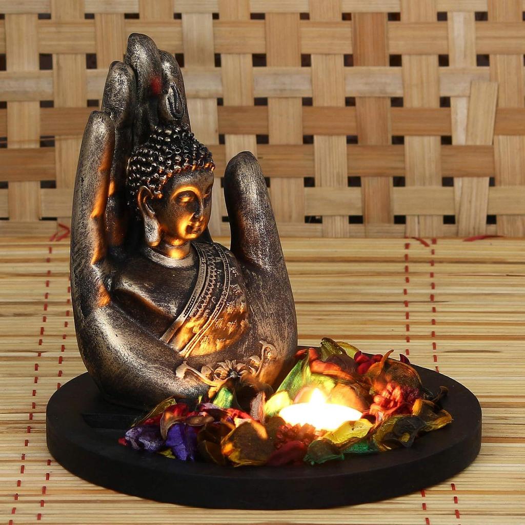 Copper Finish Handcrafted Palm Buddha Decorative Showpiece with Wooden Base, Fragranced Petals and Tealight