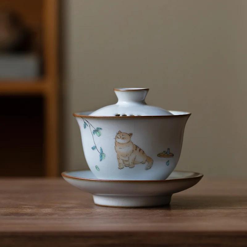 Chinese Ru Kiln Ceramic Gaiwan Cute Cat Pattern Filter Teacup Travel Portable Handmade Tea Bowl Home Tea Set Drinkware 150ml