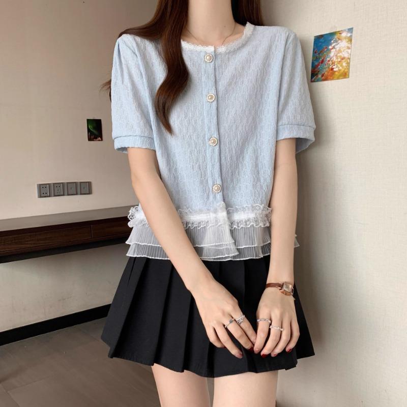 Women Sweet Style Short Sleeve Lace Trim Button Down Blouse