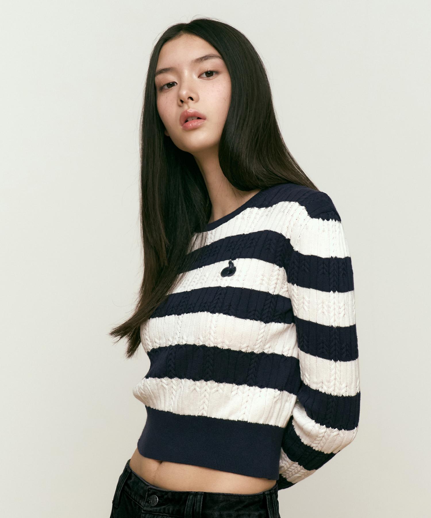 Kirsh Small Cherry Stripe Crop Knit [Navy] 1