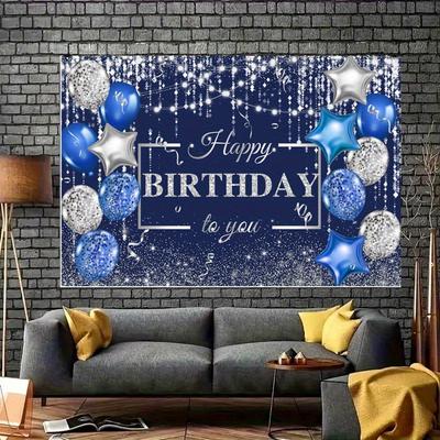 Of Elegant Happy Birthday Blue Background with Balloons Anniversary Banner, Hard-wearing Polyester, Balloons, Stars Motif, Perfect for Party,