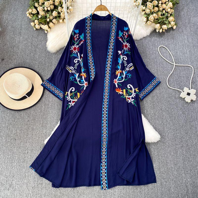 

Summer Retro Mid Length Long Length Cardigan Seaside Holiday Embroider Dark Blue One size