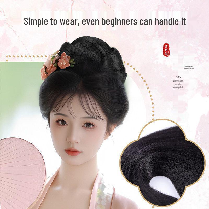 Ancient Style Hanfu Wig Bun with Full Hair Strand Updo Hairstyle Headwear Set