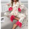 Spring & Autumn Women's Lace Trim Lapel Cardigan Pajama Set