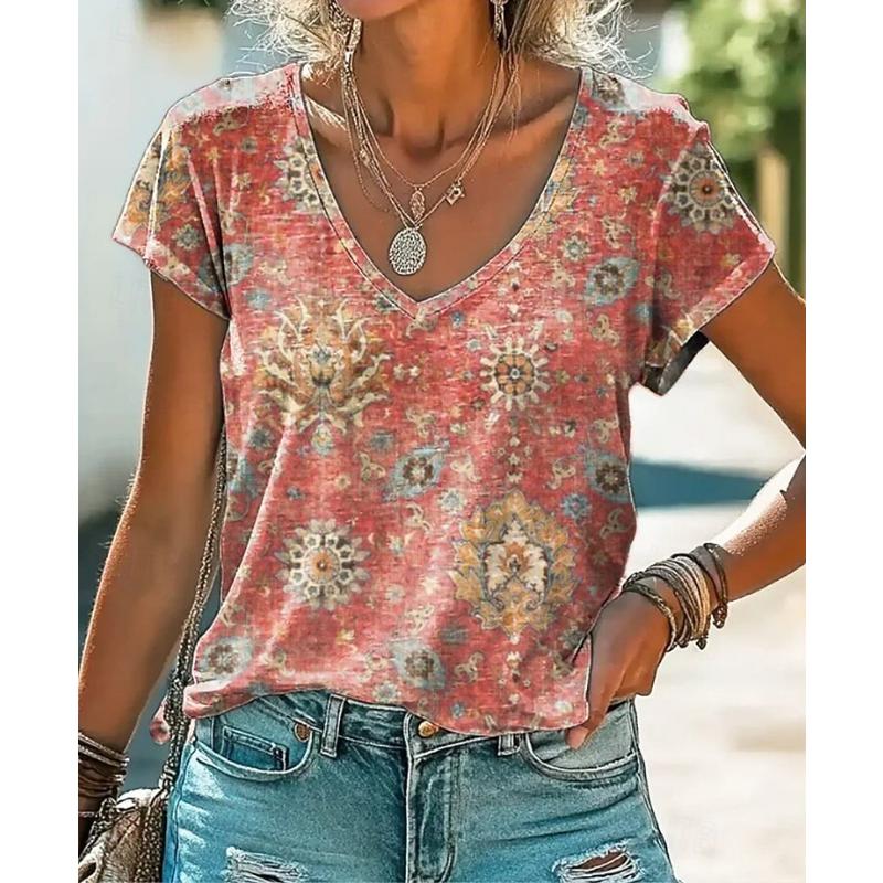 Women's T-Shirt Floral Graphic Paisley Retro Fashion Classic Short-Sleeved V-Neck Oversized Ladies Summer Clothing