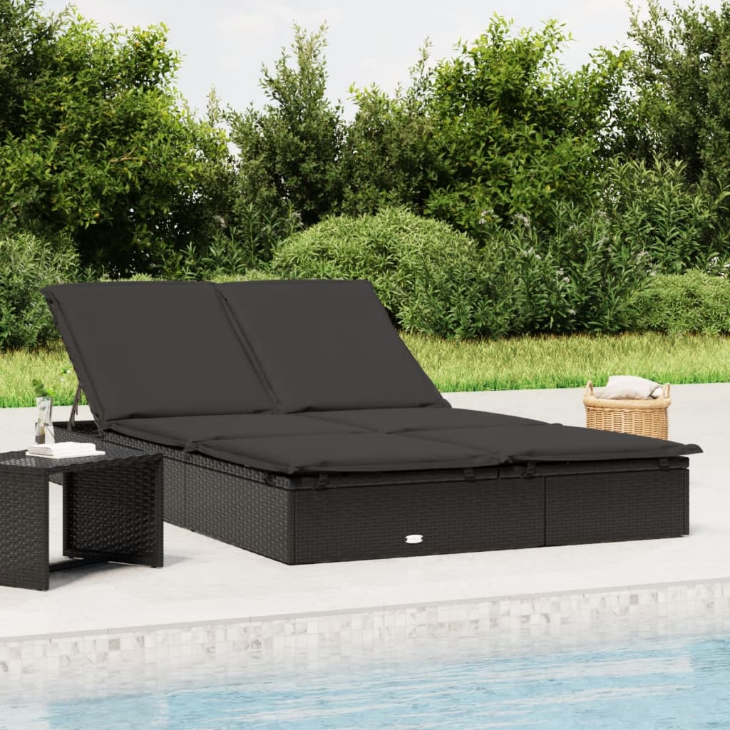Vidaxl 2-Sitzer Liegestuhl mit Kissen, Schwarz, Polyrattan