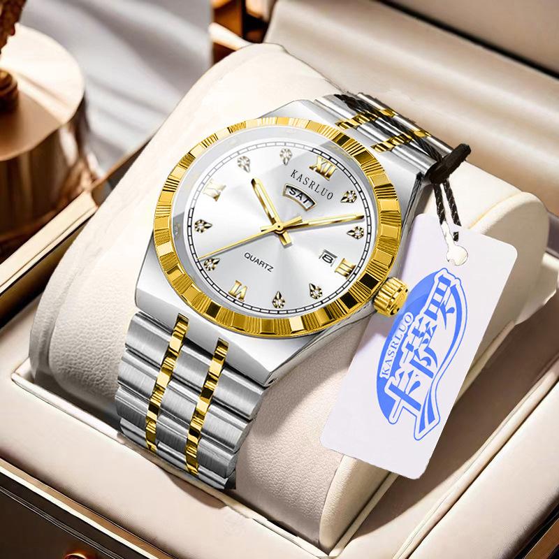 Men'S Watch Stainless Steel Waterproof Non-Mechanical Luminous Calendar Fashion Steel Belt Watch