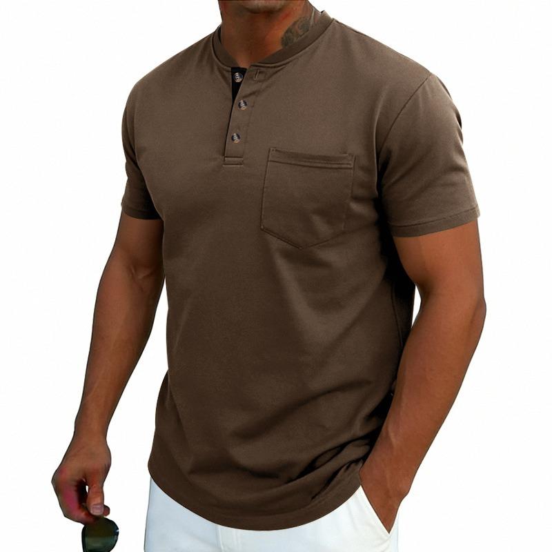 Men Henley Neck Short Sleeve T Shirt With Chest Pocket Casual Solid Color Tops