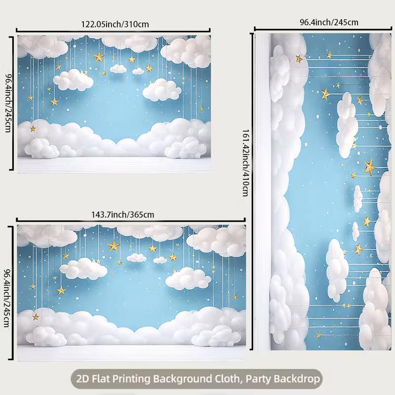 2D Blue Sky White Clouds Backdrop, Gold Star Baby Shower Photography Background