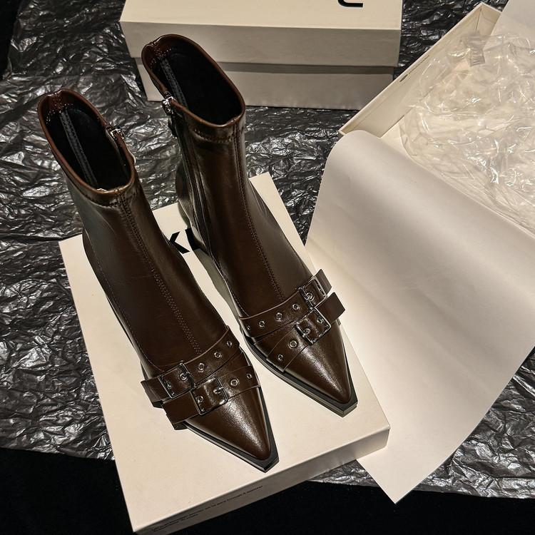 

Женские короткие ботинки на остром толстом каблуке с боковой молнией, новинка 2025 года, тонкие ботинки с пряжкой-ремнем, британские ботинки Мартин, модные ботинки 40 темно-коричневого